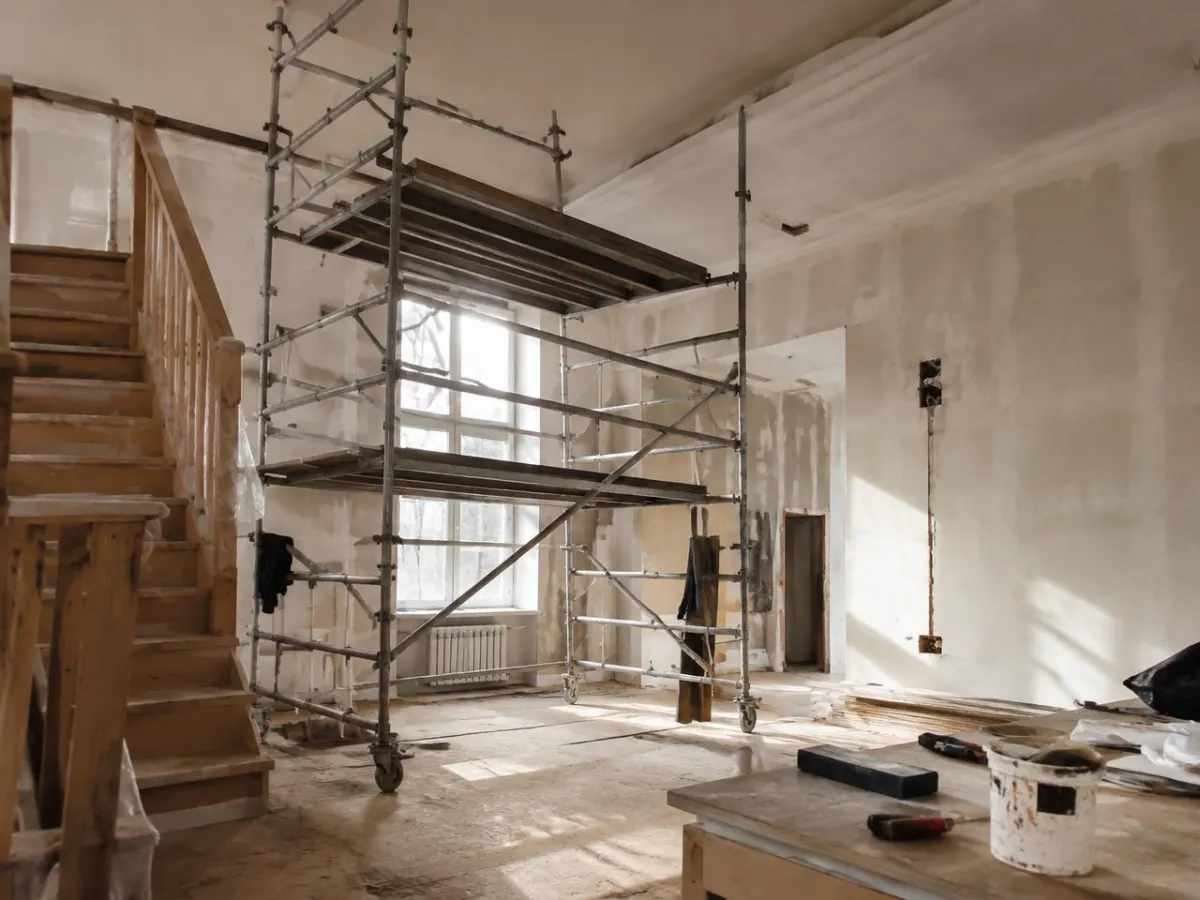 Chantier de rénovation intérieure avec échafaudage et murs replâtrés