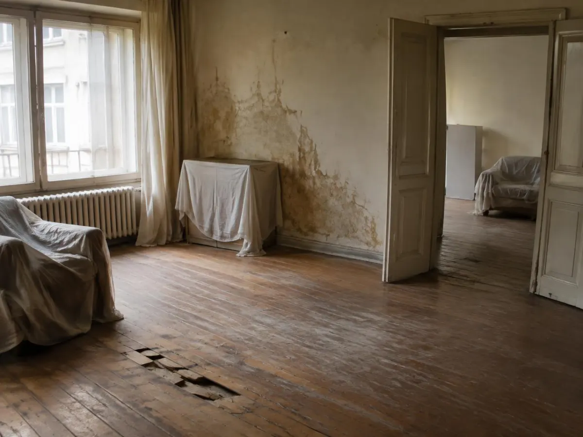 Intérieur d'appartement avec parquet abîmé et meubles couverts après un sinistre